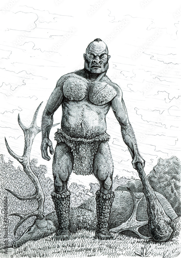Prehistoric savage cannibal. Ink drawing. Stock Illustration Adobe Stock