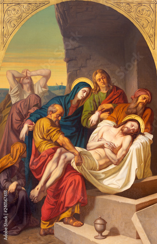 PRAGUE, CZECH REPUBLIC - OCTOBER 15, 2018: The painting of Burial of Jesus in church Bazilika svatého Petra a Pavla na Vyšehrade by František Čermák (1822 - 1884).