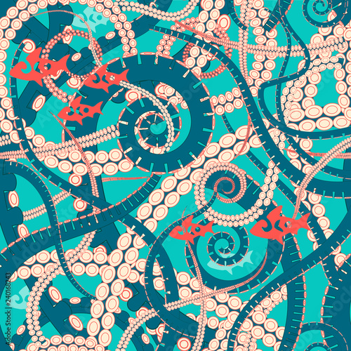 twisting tentacles of an octopus, marine life, octopus and fish seamless vector pattern
