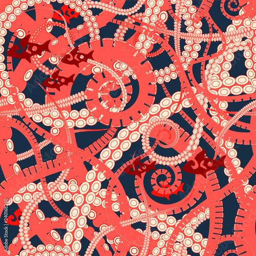 twisting tentacles of an octopus, marine life, octopus and fish seamless vector pattern
