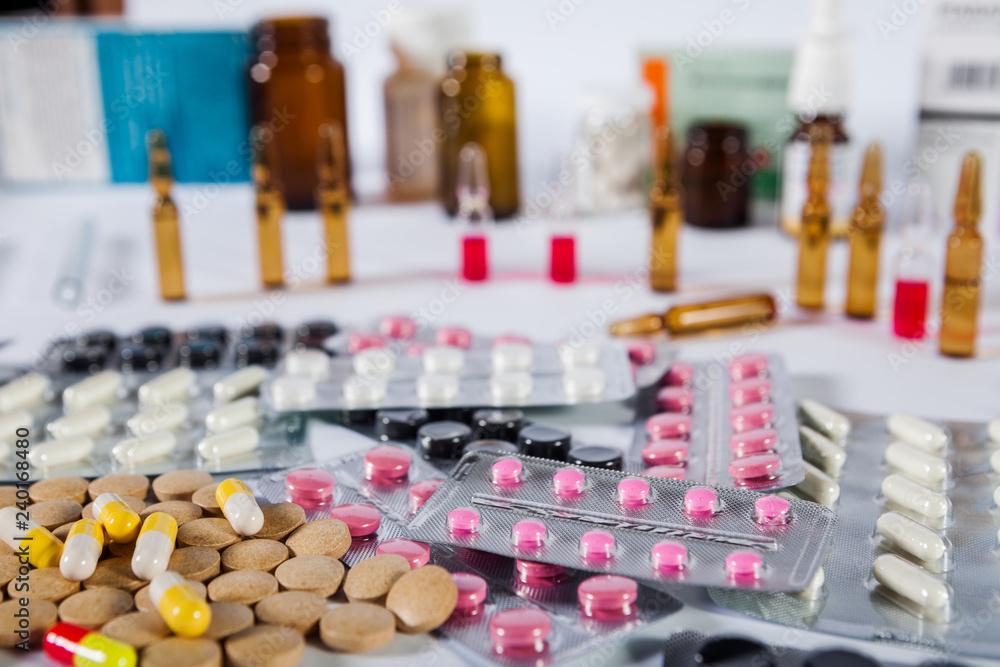 Pharmaceutical medication and medicine pills in packs Pharmaceutical medication and medicine pills in packs