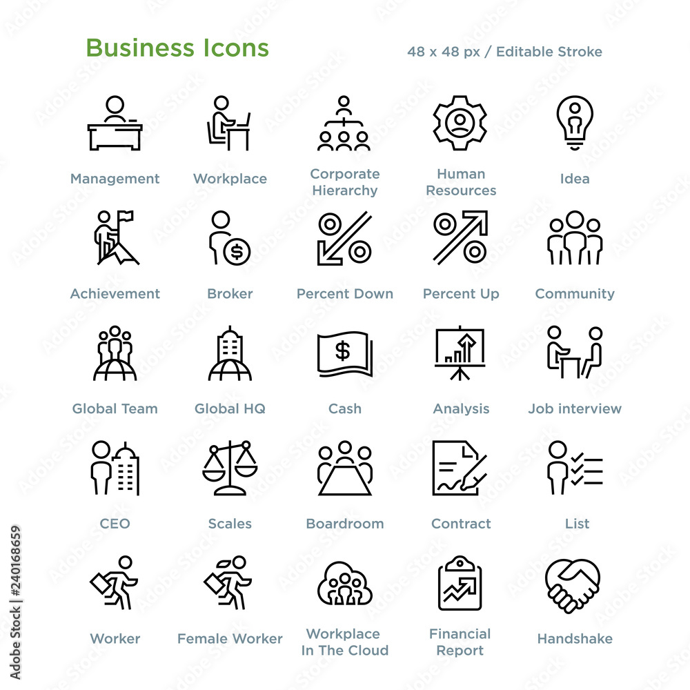 Business Icons - Outline styled icons, designed to 48 x 48 pixel grid. Editable stroke.