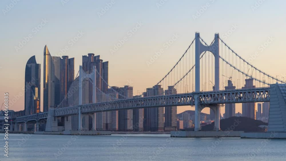 Timelapse of Gwangan Bridge and Haeundae at Sunset, Busan City, South Korea.Timelapse 4k Timelapse of Gwangan Bridge and Haeundae at Sunset, Busan City, South Korea.Timelapse 4k
