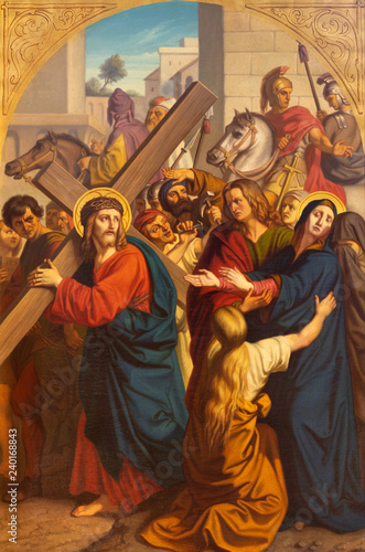 PRAGUE, CZECH REPUBLIC - OCTOBER 15, 2018: The painting of Jesus meet his mother in church Bazilika svatého Petra a Pavla na Vyšehrade by František Čermák (1822 - 1884)