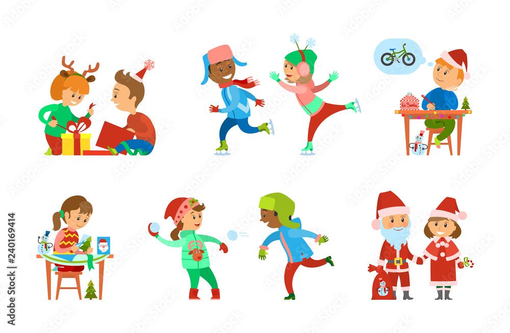 Christmas Holiday Children Opening Presents Set Christmas Holiday Children Opening Presents Set