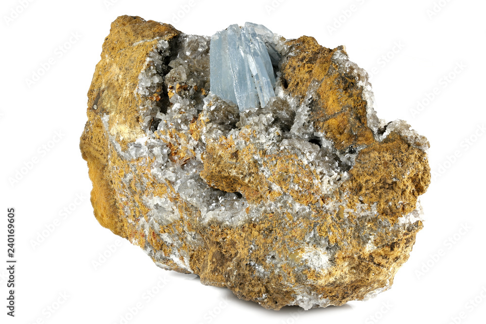 blue barite crystals on matrix from Morocco isolated on white background