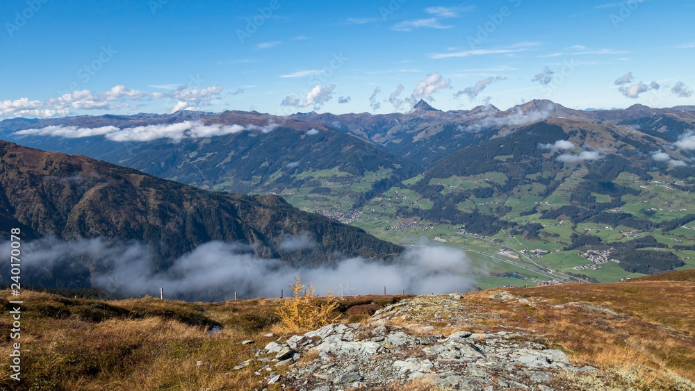 Mountain view on the valley with clouds Mountain view on the valley with clouds