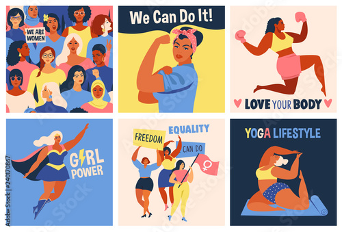 International Womens Day. We Can Do It poster. Strong girl. Symbol of female power, woman rights, protest, feminism. Vector colorful banners woman in retro style.