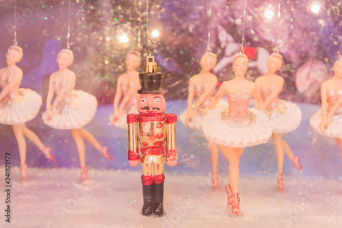 Fotografie Christmas nutcracker toy soldier and balerina dolls on the stage