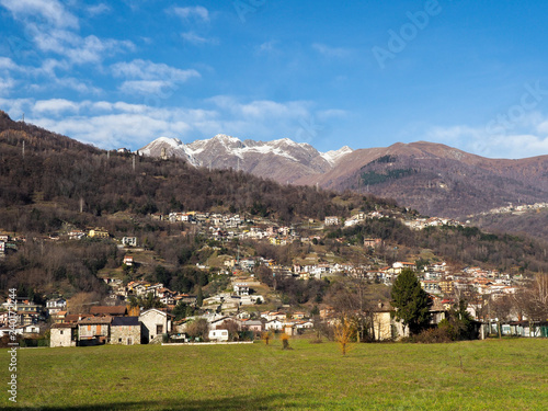 village with grazing horses