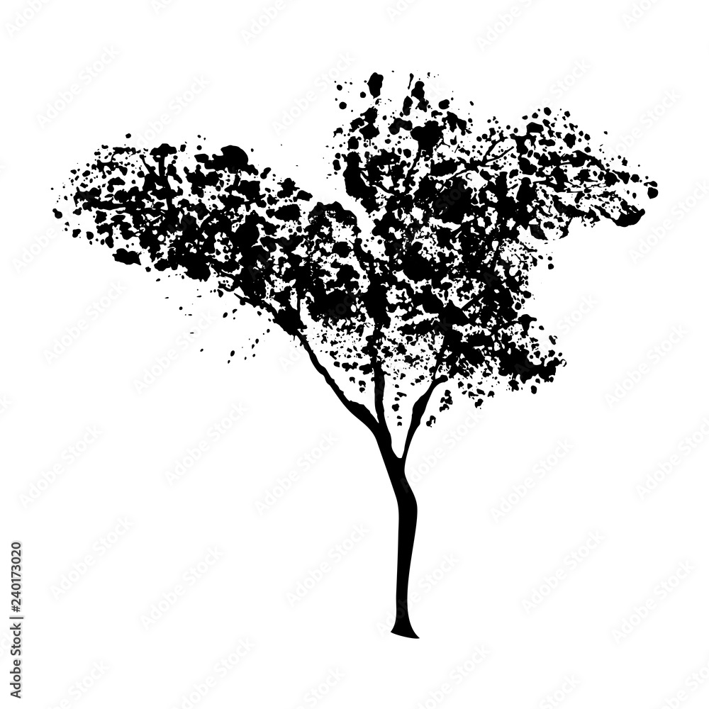 Green tree silhouette, handdrawn watercolor splashes, isolated on white background. Vector artistic illustration