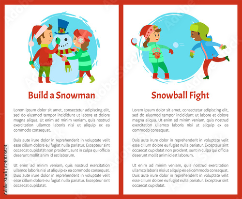 Build Snowman and Snowball Fights Postcards Vector