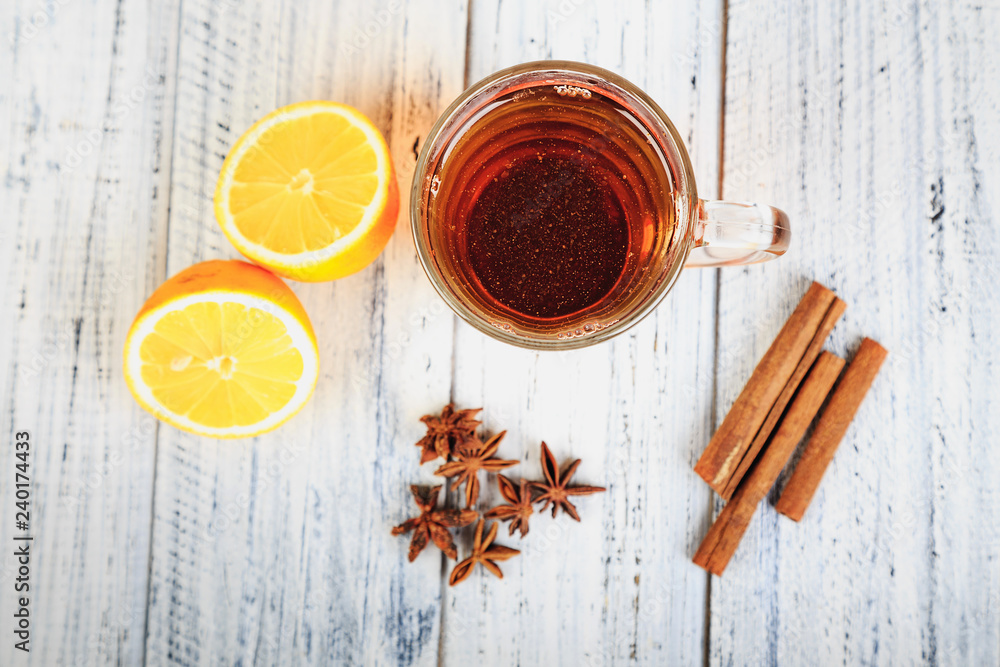 hot tea, cinnamon sticks, star anise and orange hot tea, cinnamon sticks, star anise and orange