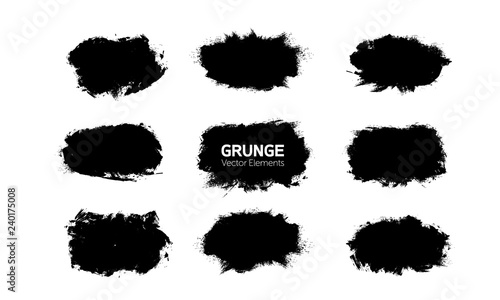 Art graphics shapes elements. Abstract black paint ink brush stroke for your design use. Modern banners template set. Grunge vector illustration background. Dirty stains frame with copy space.