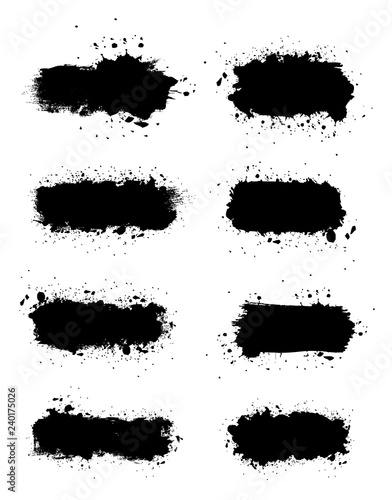 Art graphics shapes elements. Abstract black paint ink brush stroke for your design use. Modern banners template set. Grunge vector illustration background. Dirty stains frame with copy space.