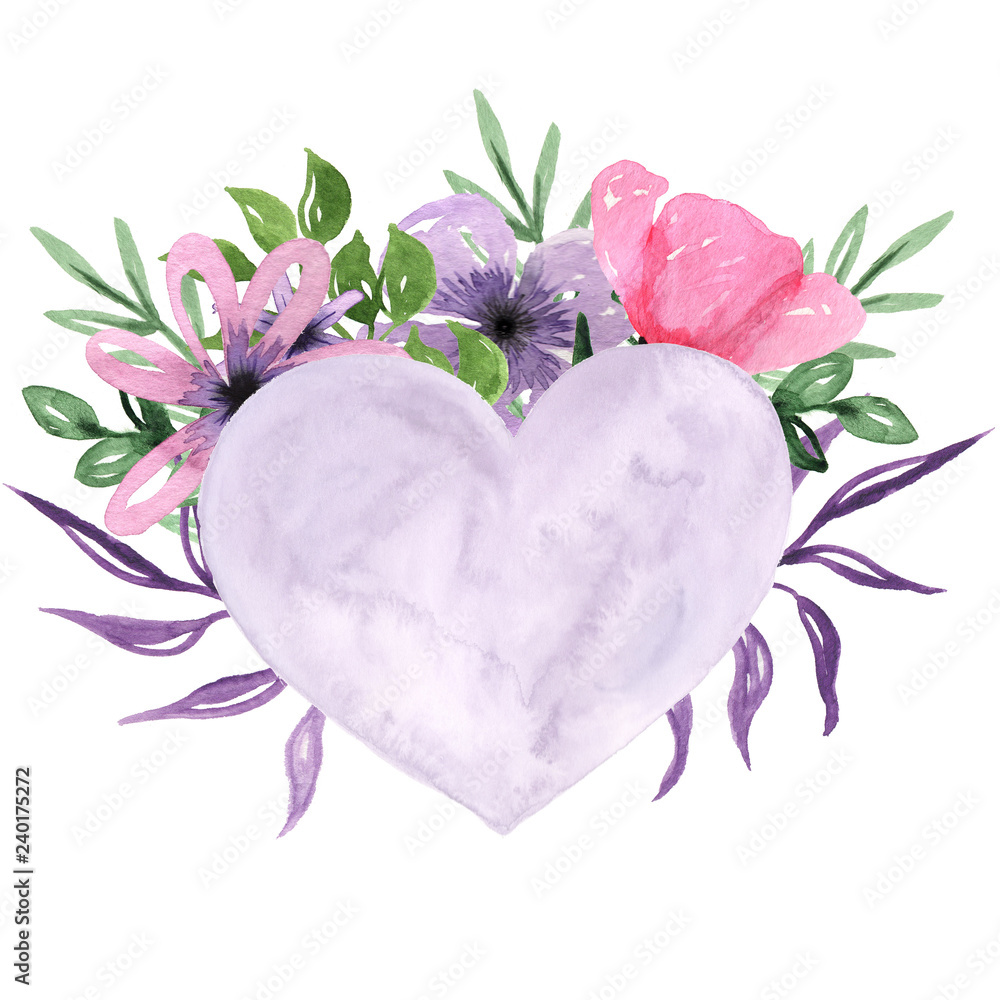 Flowers and Hearts Lose Watercolor Flowers Frame Background