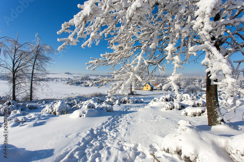 Mirow village in the winter, Jura Krakowsko Czestochowska region, Poland