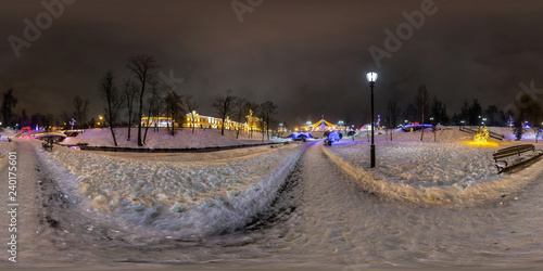 winter full spherical seamless panorama 360 degrees angle view in night park with new year illumination in equirectangular equidistant projection. VR AR content