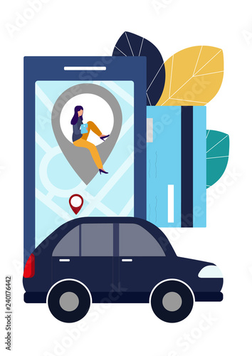 People and auto. Making deals online. Car rent. Vector illustration in flat style