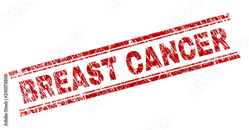 BREAST CANCER seal watermark with distress texture. Red vector rubber print of BREAST CANCER tag with dirty texture. Text tag is placed between double parallel lines.