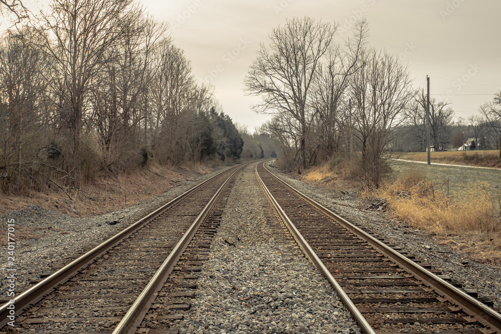 A pair of railroad tracks trailing off into the distance A pair of railroad tracks trailing off into the distance