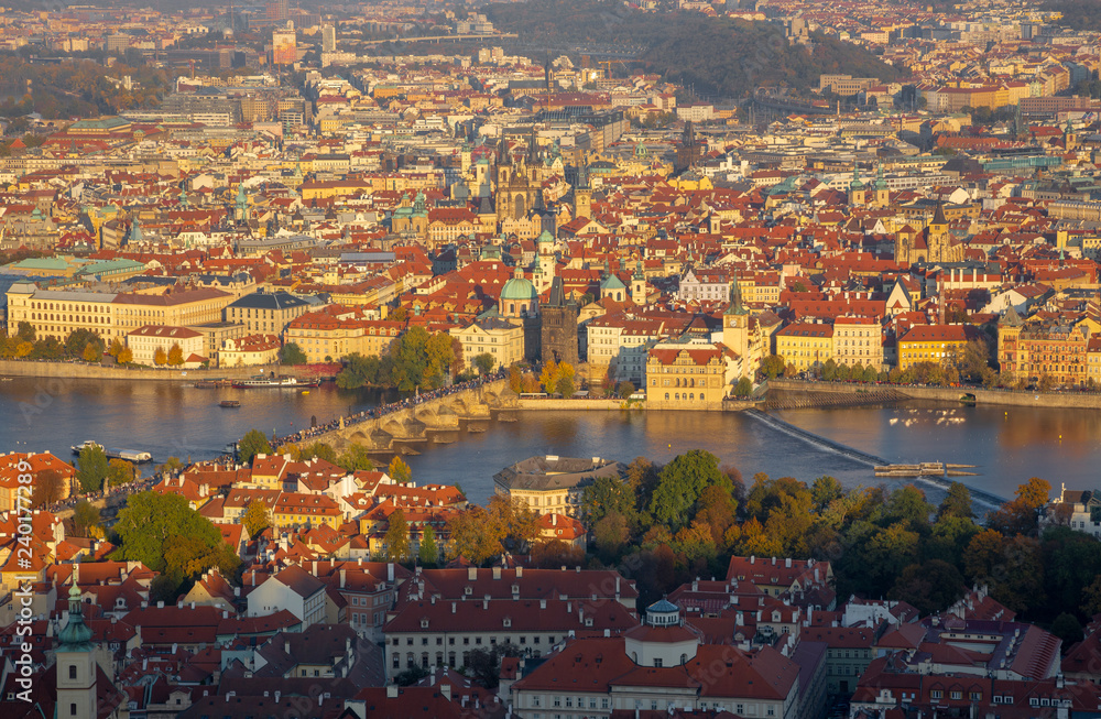 Prague - The cityscape with the Charles bridge on Olt Town in morning light.