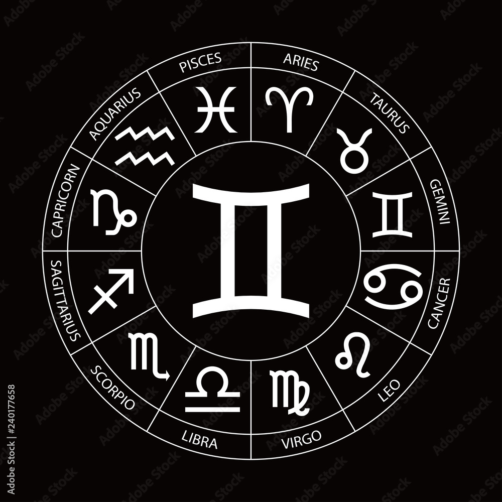 Vector. Graphic astrology set on the black background. A simple geometric  representation of the zodiac sign for horoscope Gemini with titles, line  art isolated illustration Stock Vector | Adobe Stock