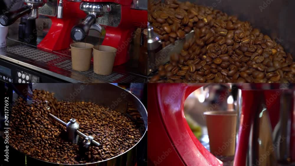 Collage of various video clips covering the topic of coffee. Split ...