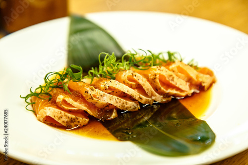 Teriyaki salmon. Japanese dish, as it is served in Moscow restaurants.
