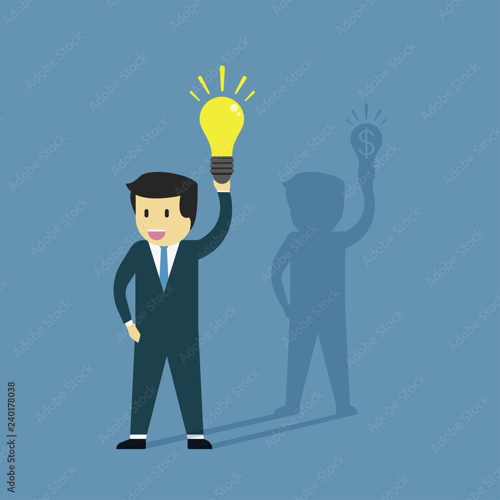 Businessman holding lamp and the shadow holding dollar. Symbol of ideas can be exchanged for money. Businessman holding lamp and the shadow holding dollar. Symbol of ideas can be exchanged for money.