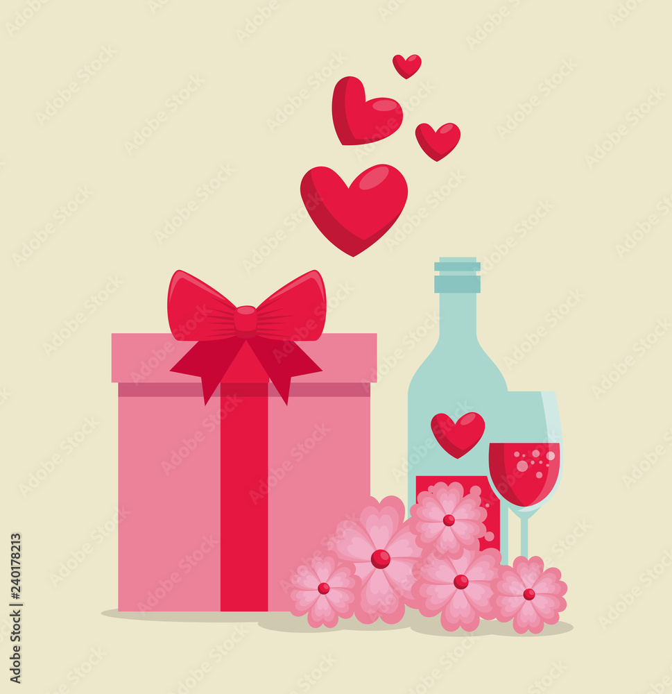 valentine present gift and love potion with flowers