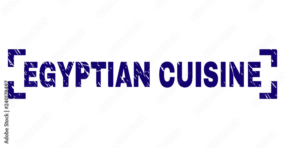 EGYPTIAN CUISINE text seal print with distress texture. Text tag is placed inside corners. Blue vector rubber print of EGYPTIAN CUISINE with unclean texture.