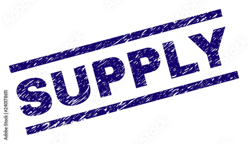 SUPPLY seal print with grunge style. Blue vector rubber print of SUPPLY text with unclean texture. Text label is placed between parallel lines.