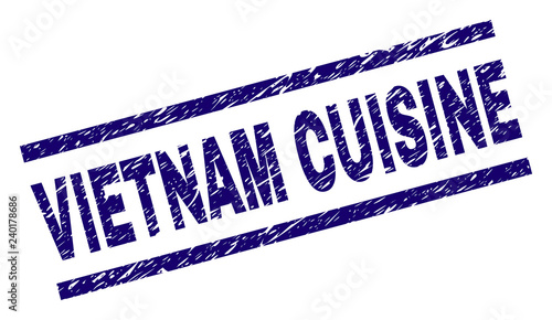VIETNAM CUISINE seal print with distress style. Blue vector rubber print of VIETNAM CUISINE label with grunge texture. Text label is placed between parallel lines.
