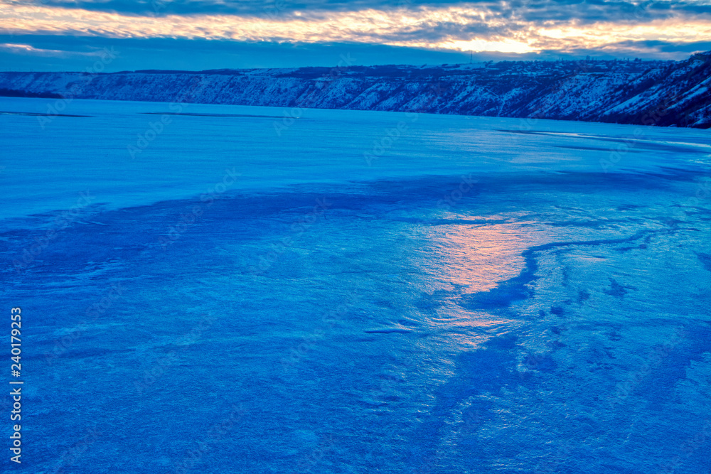 cold weather landscape, frozen lake scenery  