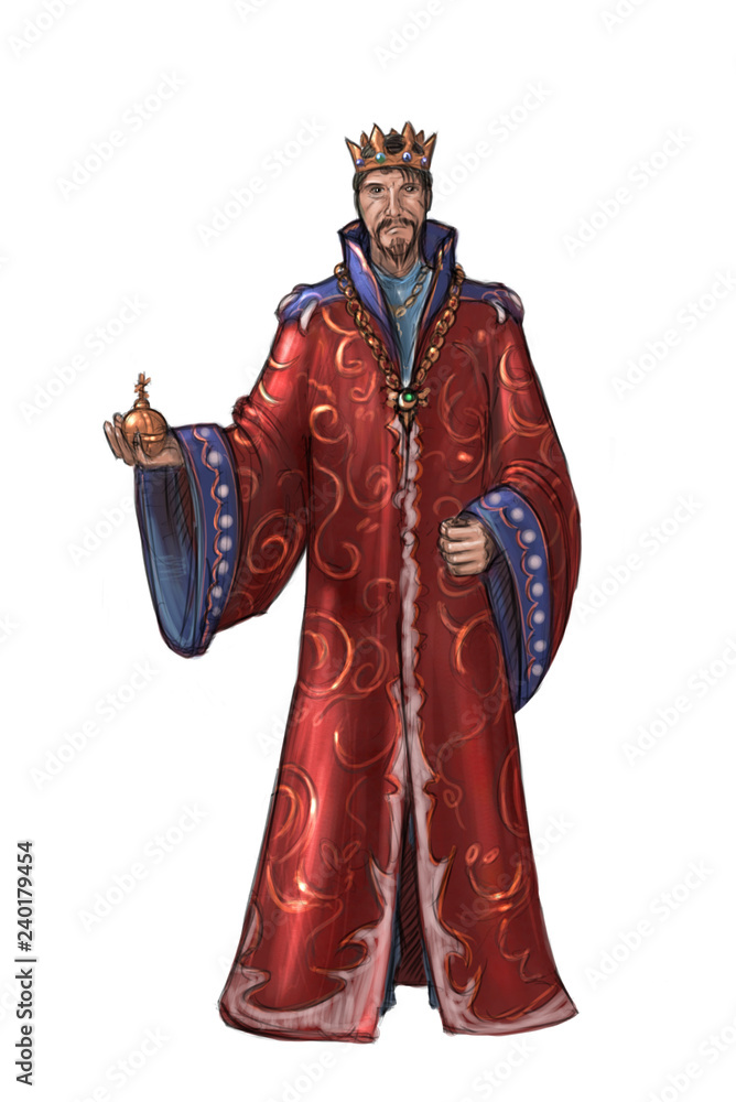 Concept art digital painting or illustration of king in red robe or gown.