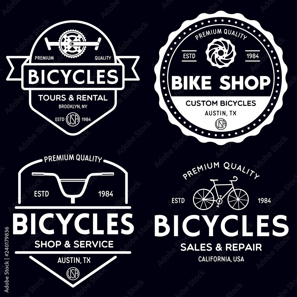 Fototapeta premium Zestaw vintage i nowoczesnych odznaki logo sklepu rowerowego i etykiety. Rower na białym tle wektor koła. Sklep rowerowy w starym stylu i logotypy naprawy.