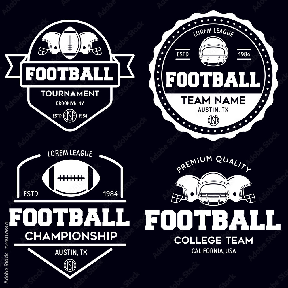 Set of american football related badges, logos, labels, insignias in retro monochrome style. Graphic vintage design for t-shirt, web. Colorful print.