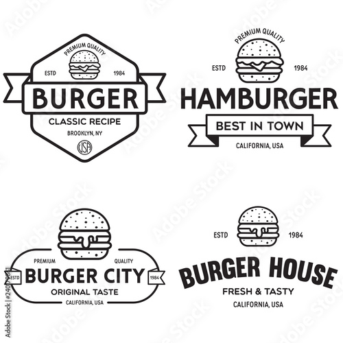 Set of badges, banner, labels and logo for hamburger, burger shop. Simple and minimal design. Vector illustration.