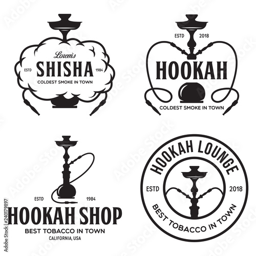Set of hookah labels, badges and design elements. Hookah club. Shisha bar. Hookah lounge logo. Hookah pipes.