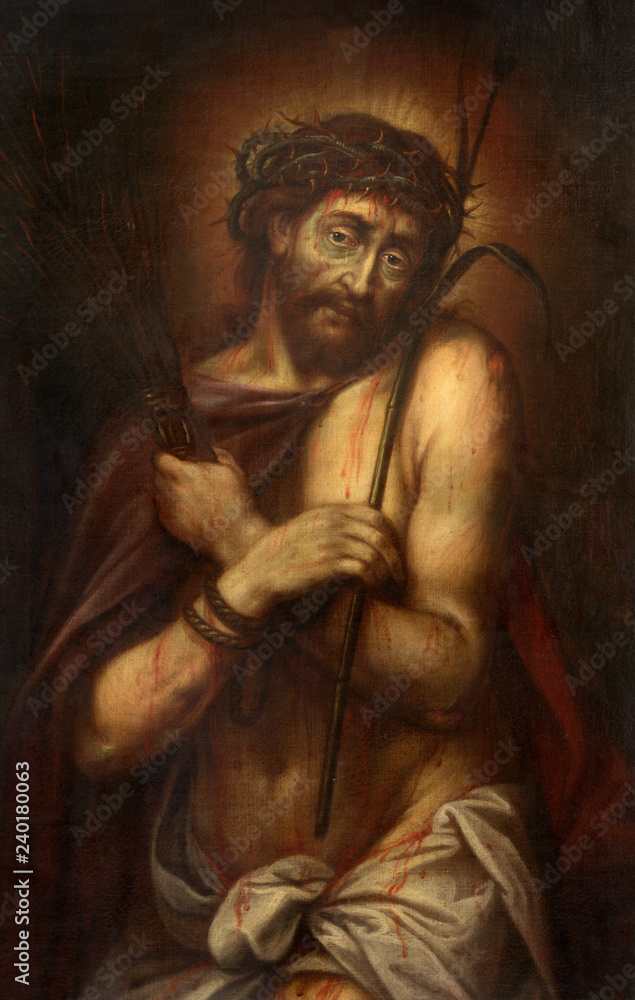 PRAGUE, CZECH REPUBLIC - OCTOBER 12, 2018: The baroque painting of tortured Jesus in church kostel Svatého Tomáše by unknown artist.