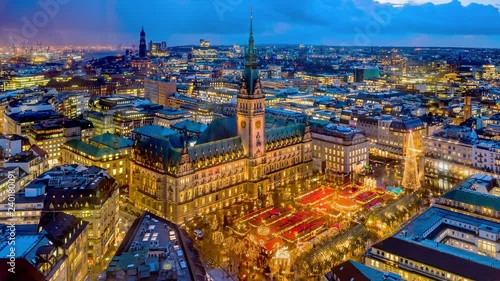 Historic Christmas market on Rathausmarkt in downtown Hamburg, Germany in the evening. 4K UHD time lapse video.