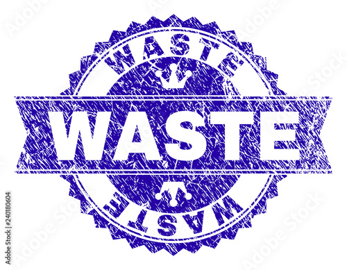 WASTE rosette seal watermark with grunge style. Designed with round rosette, ribbon and small crowns. Blue vector rubber watermark of WASTE tag with corroded style.