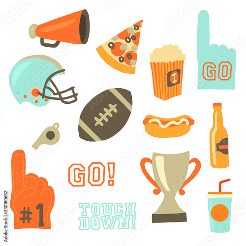 Super bowl party vector icon set. Sport games celebration icons. American football vintage retro style. Helmet, award, cup, trophy, pizza slice, football, popcorn, beer bottle, megaphone, foam hand