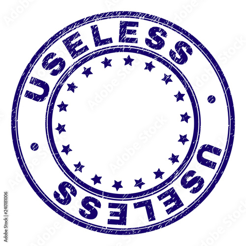 USELESS stamp seal watermark with distress texture. Designed with round shapes and stars. Blue vector rubber print of USELESS tag with scratched texture.