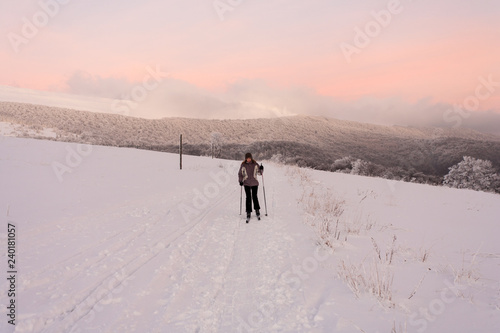 Bieszczady Mountains, Bieszczady National Park, Carpathians Mountains, Poland and Ukraine - December, 2018: cross-country skiing in Bieszczady