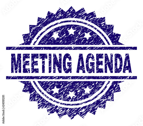 MEETING AGENDA stamp seal watermark with distress style. Blue vector rubber print of MEETING AGENDA caption with unclean texture.