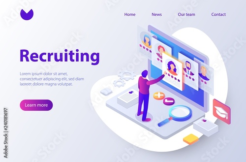 Recruitment concept banner with character. Can use for web banner, infographics, hero images. Flat isometric vector illustration isolated on white background.