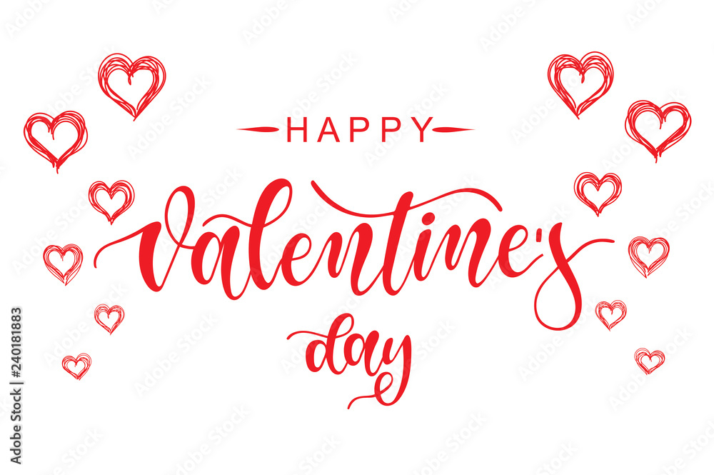 Hand drawn elegant modern brush lettering of Happy Valentines Day with red hearts isolated on white background. Vector illustration. 