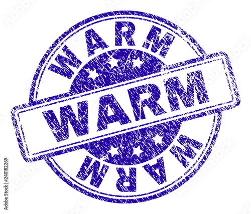 WARM stamp seal watermark with distress texture. Designed with rounded rectangles and circles. Blue vector rubber print of WARM label with unclean texture.